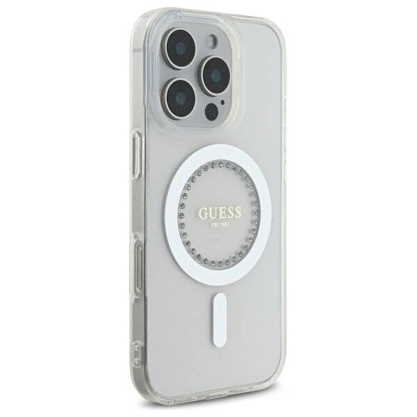 Guess IML Strassstein-MagSafe-Hülle iPhone 16 Pro – Weiß