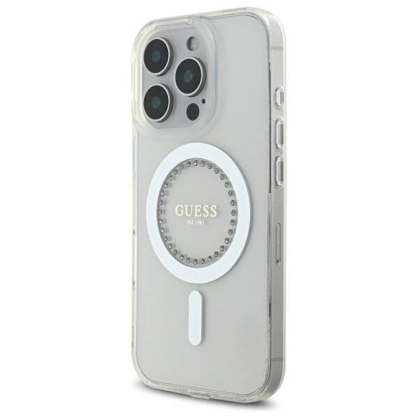 Guess IML Strassstein-MagSafe-Hülle iPhone 16 Pro – Weiß