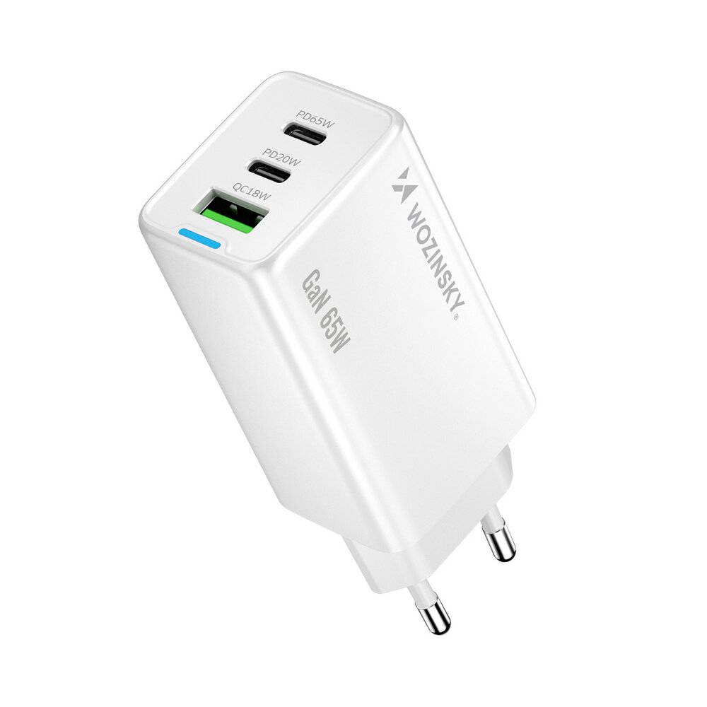 Wozinsky GaN 65W Ladegerät mit USB-A 2xUSB-C Anschlüssen mit 65W USB-C Kabel - Weiß