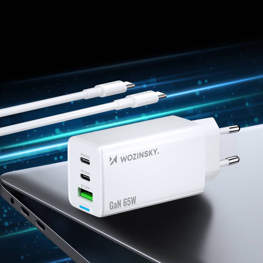 Wozinsky GaN 65W Ladegerät mit USB-A 2xUSB-C Anschlüssen mit 65W USB-C Kabel - Weiß