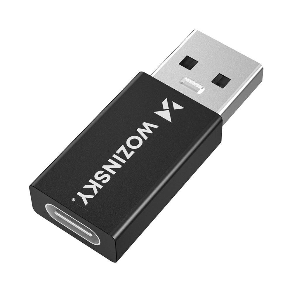 Ein schwarzer USB-Typ-C-Adapter mit der Bezeichnung 'WONZINSKY' ermöglicht die Verbindung mit einem USB-A-Anschluss und gewährleistet die Kompatibilität zwischen verschiedenen Geräten.