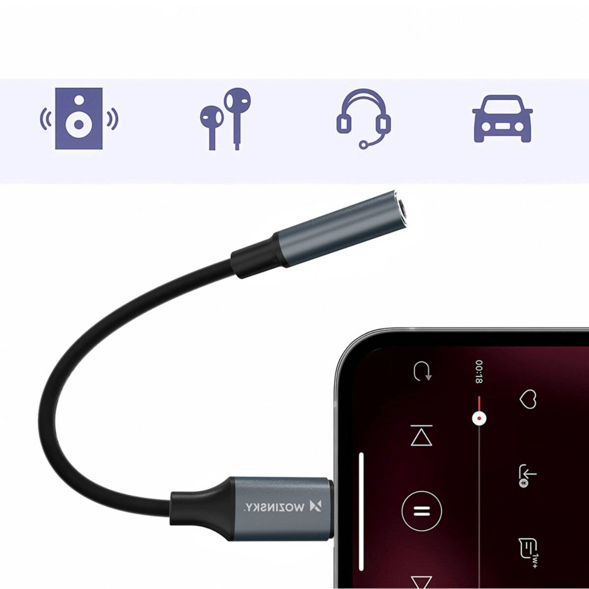 Ein schwarzes Kabel mit silbernem Stecker, das zwischen einem Gerät mit einer Musikplayer-Oberfläche und Symbolen dargestellt wird, die Lautsprecher, Ohrhörer, Kopfhörer und Autolautsprecher darstellen.