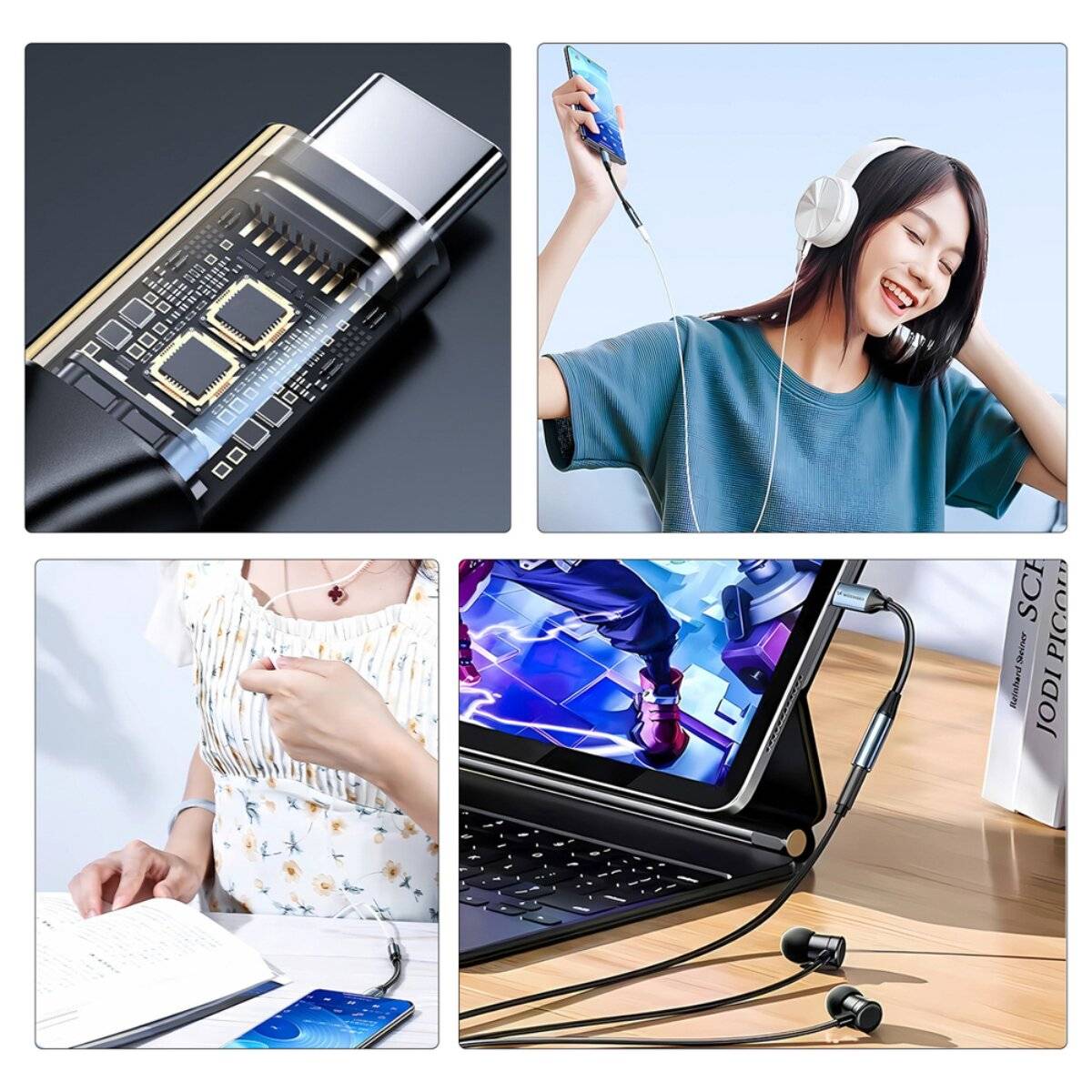 Collage aus vier Bildern: USB-Stecker in Nahaufnahme, Person genießt Musik mit Kopfhörern, Person macht sich Notizen neben einem Smartphone, Ohrhörer in einen Laptop eingesteckt.