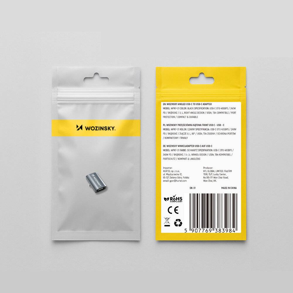 Wozinsky WPKF-01 USB-C - USB-C 40Gb/s 240W 8K OTG Winkeladapter - Grau