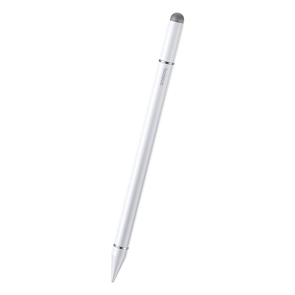 Ein weißer Stift mit glattem Design, mit einer feinen Spitze und einer beigen Kappe.