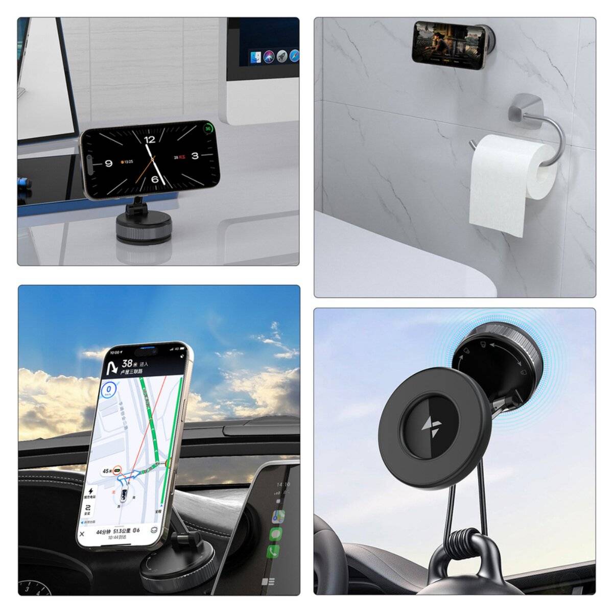 Vier Bilder, die eine Smartphone-Halterung in verschiedenen Umgebungen zeigen: Schreibtischuhr-Display, Badezimmer-Toilettenpapierhalter, Auto-GPS-Navigation, freisprechende Telefonanruf im Auto.