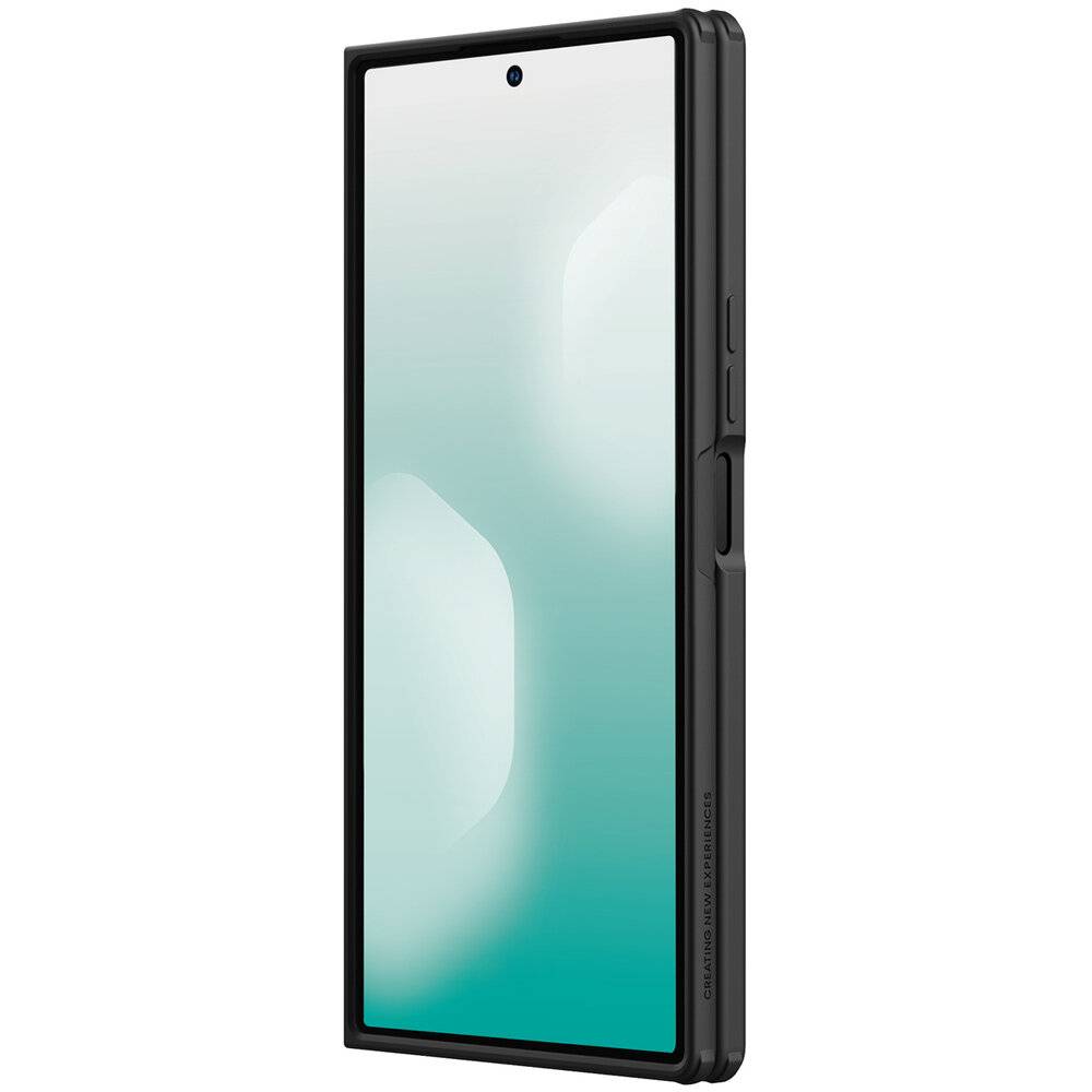 Ein Smartphone mit großem Display in einem schwarzen Gehäuse, das einen einfachen Gradient-Hintergrund anzeigt. Das Design ist elegant und modern.