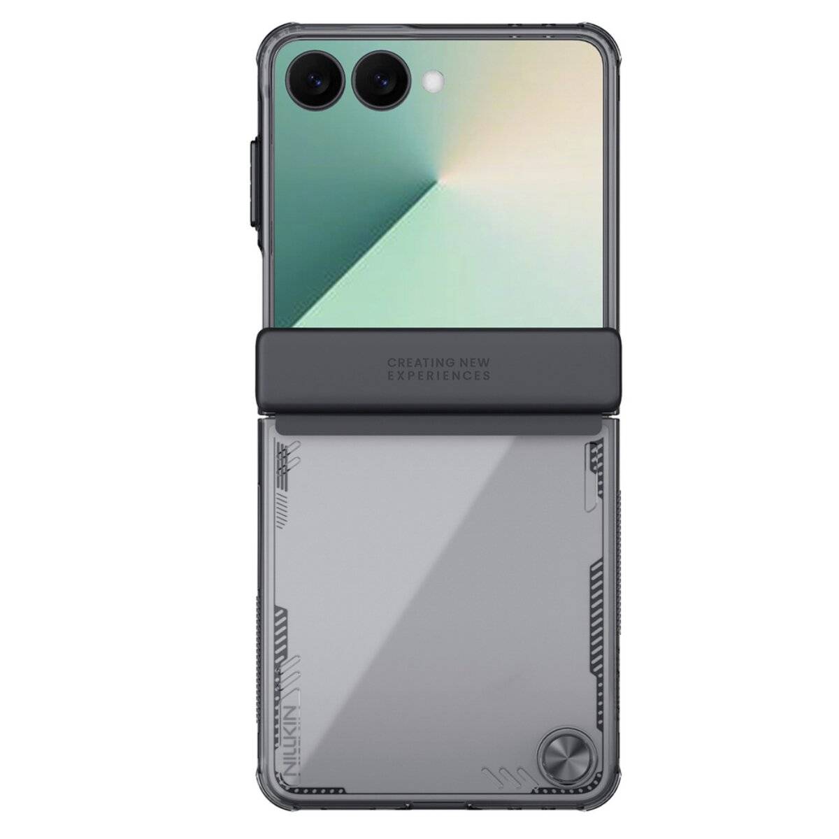 Ein zusammengeklapptes Smartphone mit Dual-Kamera-Setup vor einem Farbverlauf-Lichthintergrund, kombiniert mit einer transparenten Schutzhülle, die das Hinterdesign des Geräts zeigt.
