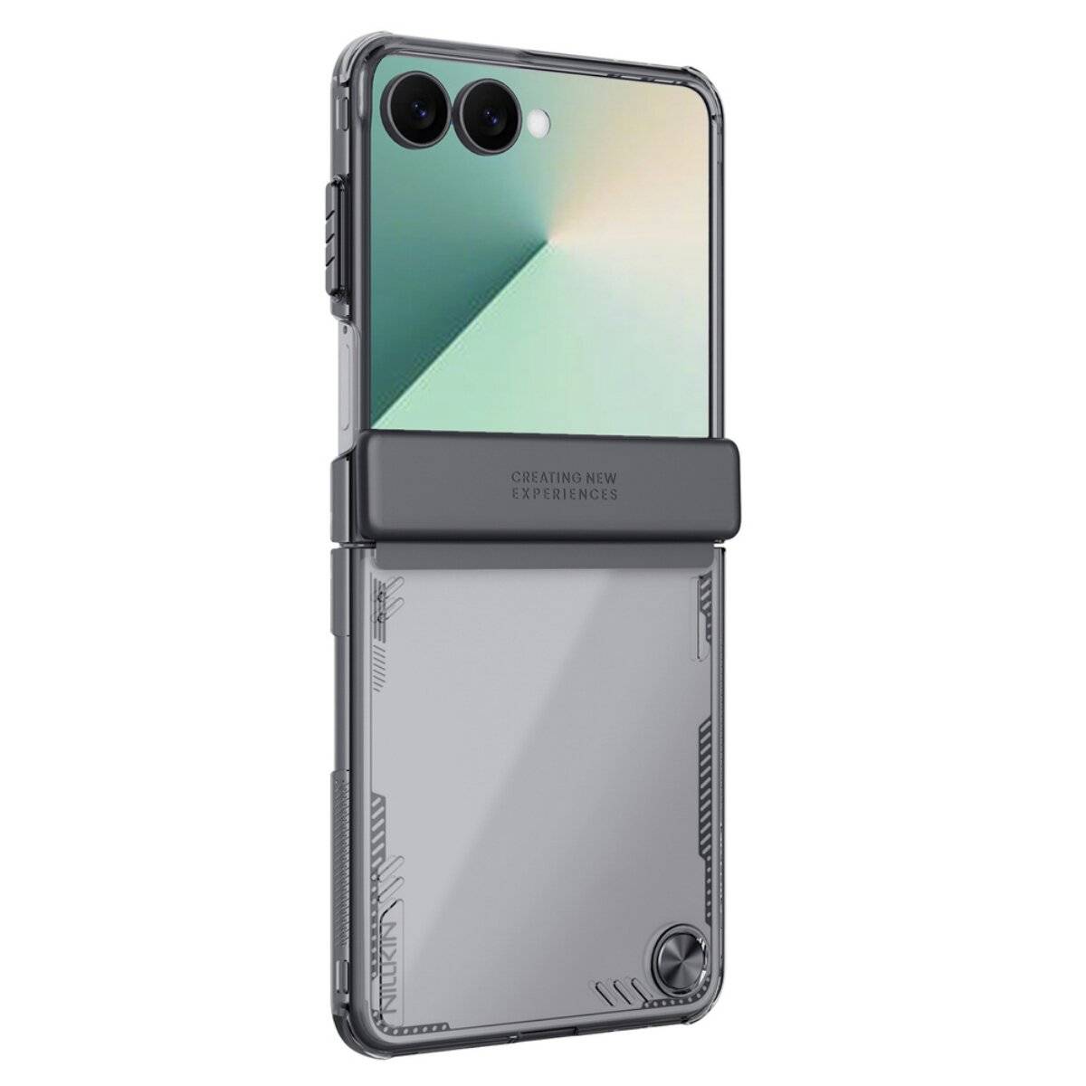Ein transparentes Smartphone-Etui mit dunklem Rand ist auf einem Telefon angebracht. Die Rückseite des Etuis verfügt über einen abnehmbaren Ständer mit der Bezeichnung „CREATION NEW EXPERIENCE
