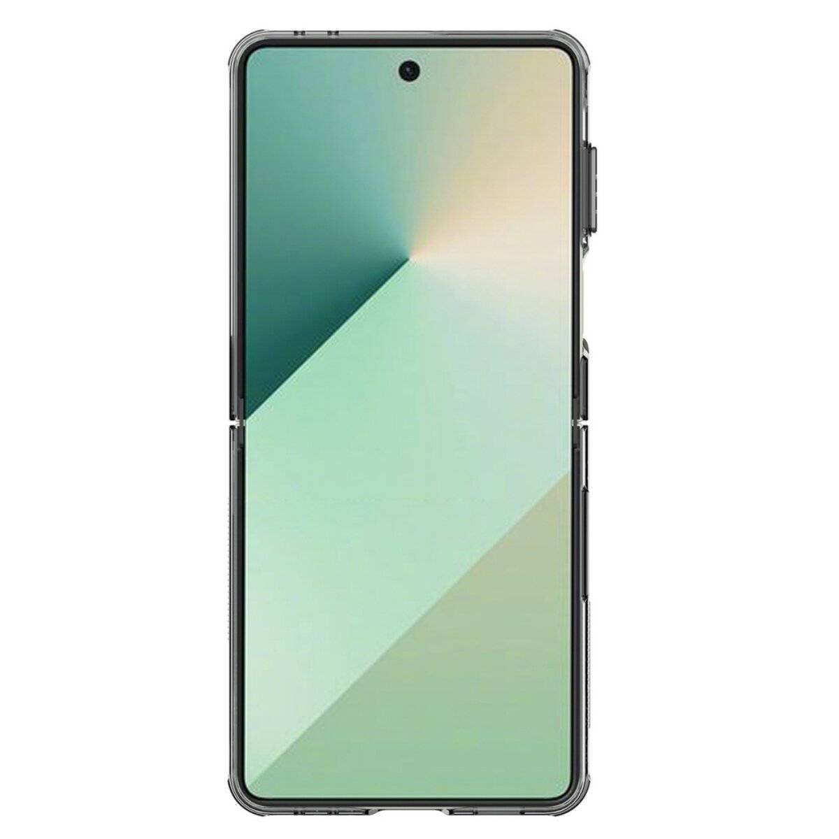Ein Smartphone mit einem grünen Farbverlauf-Hintergrundbild auf dem Bildschirm. Das Telefon hat eine zentrierte Frontkamera oben auf dem Display.