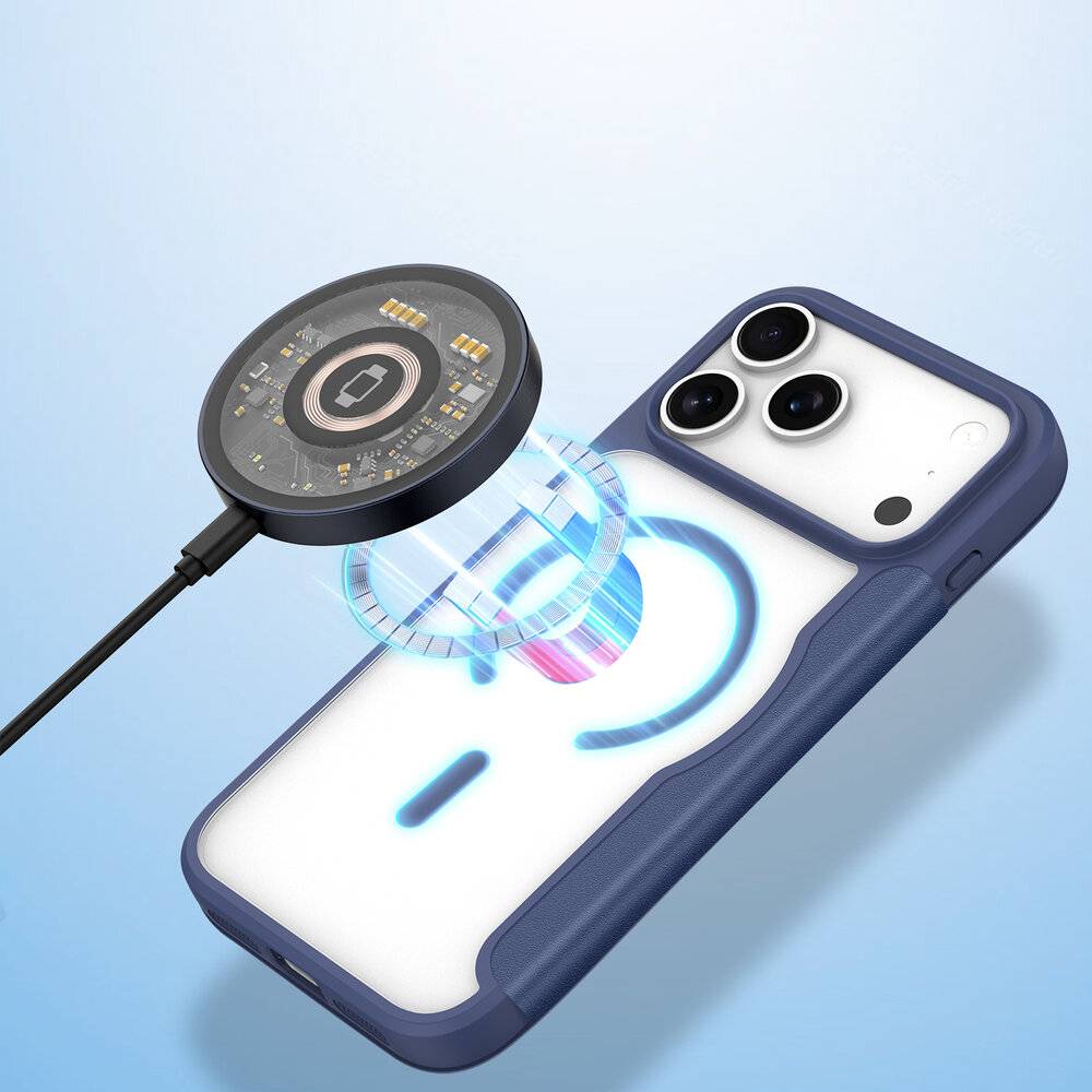 Ein Smartphone in einer Schutzhülle mit einem drahtlosen Ladekissen, das sich darüber befindet und während des Ladevorgangs leuchtende Effekte zeigt.