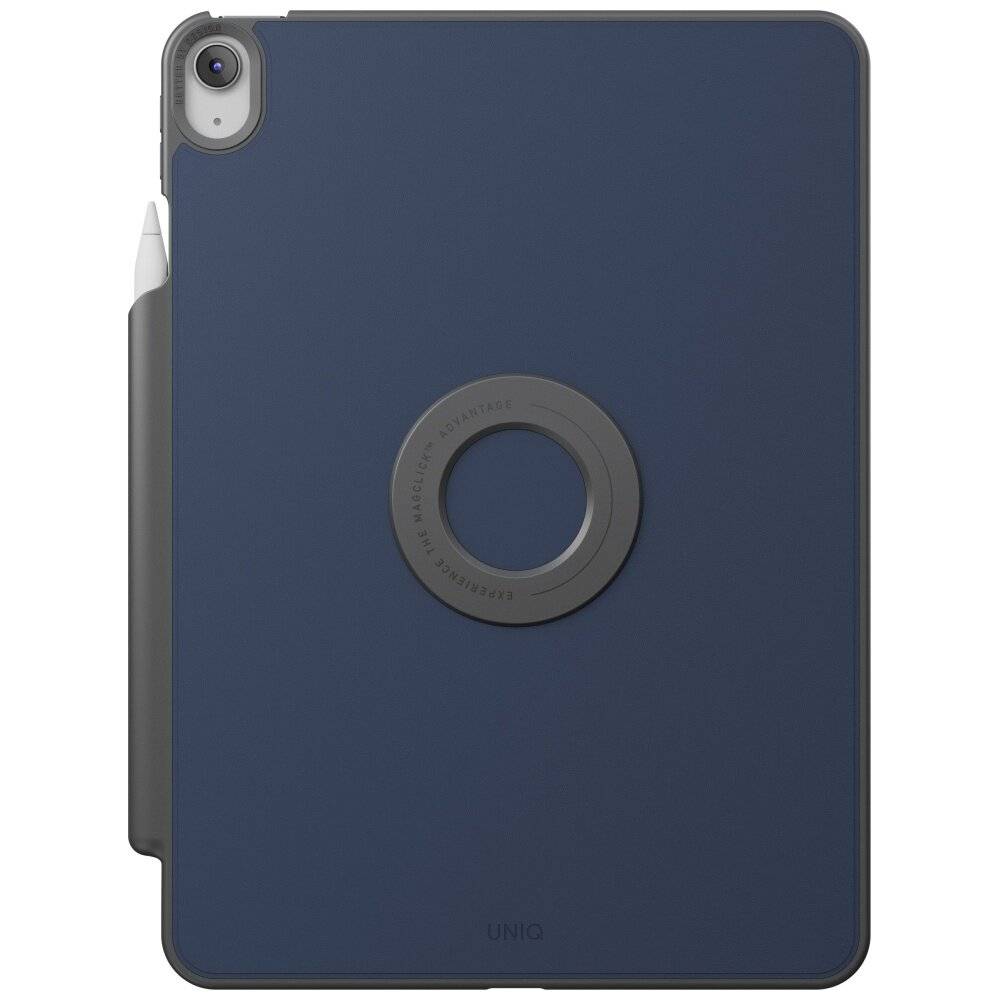 Ein dunkelblau Tablet mit einem Stylus, der an der Seite befestigt ist. Eine kreisförmige graue Halterung befindet sich auf der Rückseite in der Mitte.