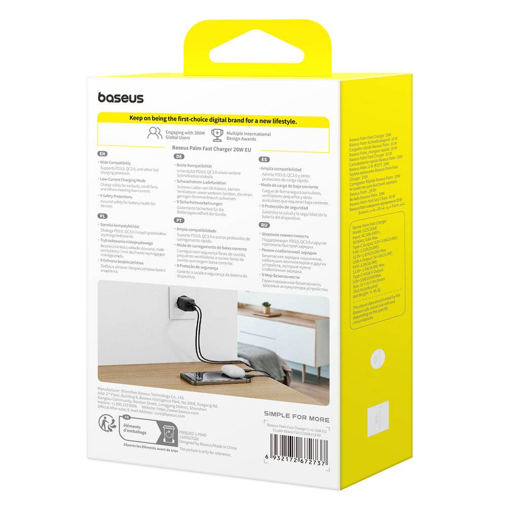 Baseus Palm 20W USB-C USB-A Wandladegerät - Schwarz