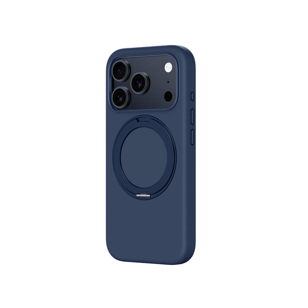 Ein marineblauer Smartphone-Schutzhülle für ein iPhone, das drei Kameraaussparungen und eine zentrale kreisförmige Aussparung aufweist, die wahrscheinlich für einen MagSafe-Ladegerät bestimmt ist.