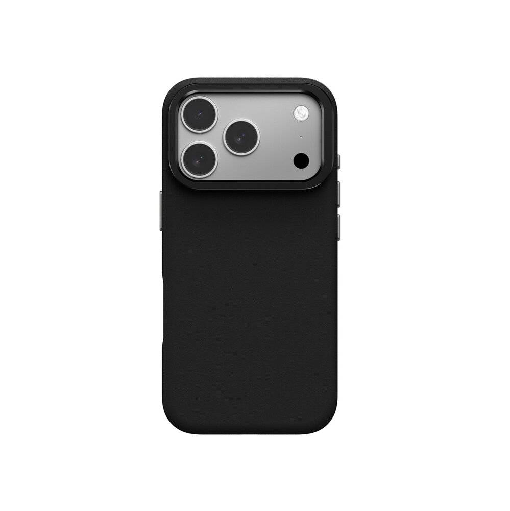 Ein schwarzes Smartphone-Gehäuse, vertikal angezeigt, das ein Kamermodul mit drei Linsen und einen Blitz in der oberen linken Ecke zeigt.