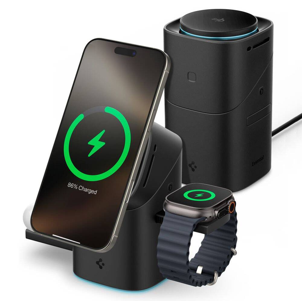 Spigen Essential EF223MS 3-in-1 QI2 Kabelloses Ladegerät - Schwarz