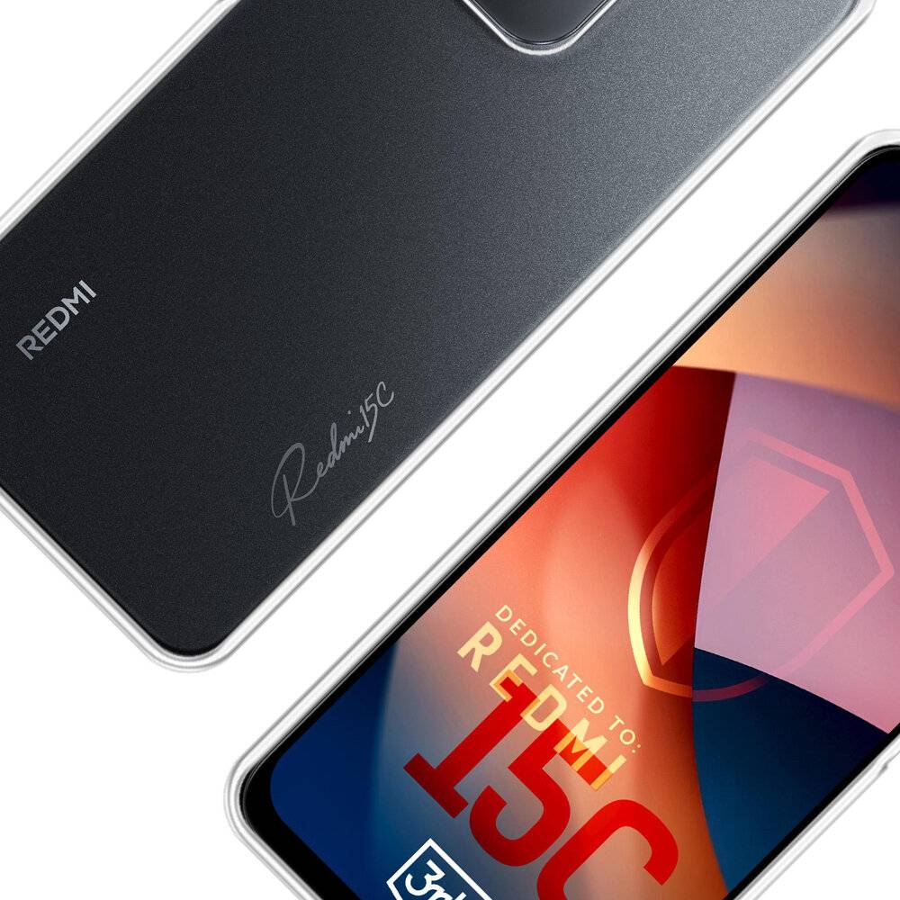 Ein schwarzes und silbernes Redmi 15C-Smartphone mit einem teilweise sichtbaren Bildschirm, der ein lebendiges, abstraktes Design anzeigt.