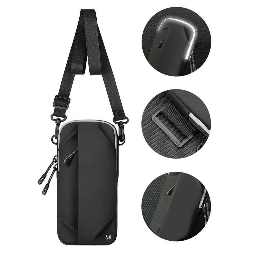 Eine elegante, schwarze Umhängetasche mit verstellbarem Riemen, gezeigt mit detaillierten Nahaufnahmen von glatten Reißverschlüssen, stabiler Befestigung und Taschenkonstruktion.