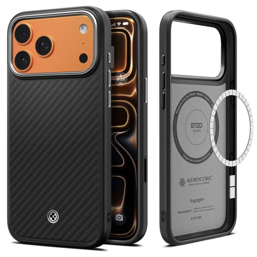 Spigen Enzo Aramid "T" MagSafe Case für iPhone 17 Pro - Schwarz und Silber