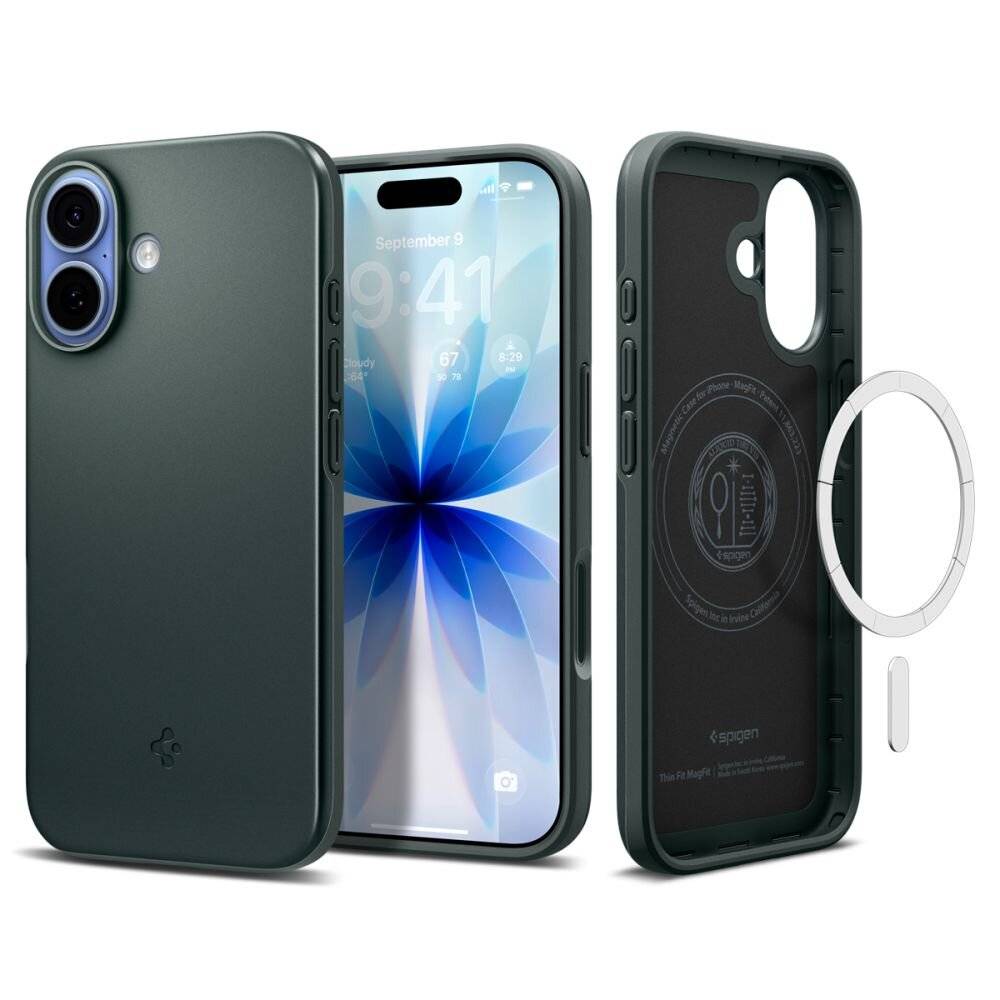 Dualansicht eines Smartphone-Cases: Eine Seite zeigt ein nach vorne gerichtetes Telefon mit einem blauen Blumen-Hintergrundbild; die andere Seite offenbart das robuste, gelb-gepolsterte Innere mit einem abnehmbaren Ring.