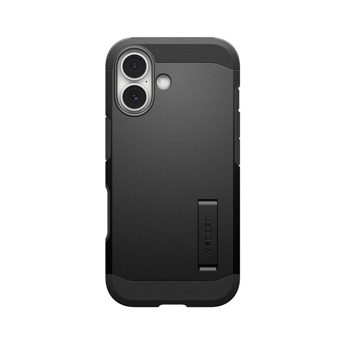 Eine schwarze Handyhülle mit einer Doppelkamera-Aussparung und einem Ständer an der unteren Rückseite. Die Hülle hat ein robustes Design und bedeckt alle Kanten.