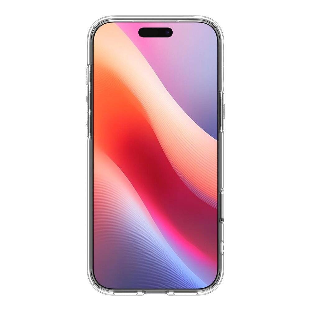 Ein Smartphone mit einem Gradient-Bildschirm, der rote, rosa und blaue Wellen anzeigt, in einer transparenten Schutzbox eingeschlossen.