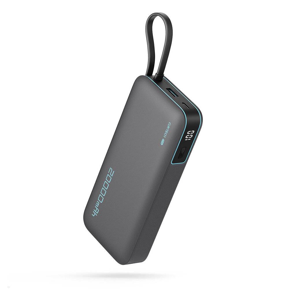 Schlanke schwarze Powerbank mit Aluminiumgehäuse, bezeichnet als extrem robust und langlebige Qualität.