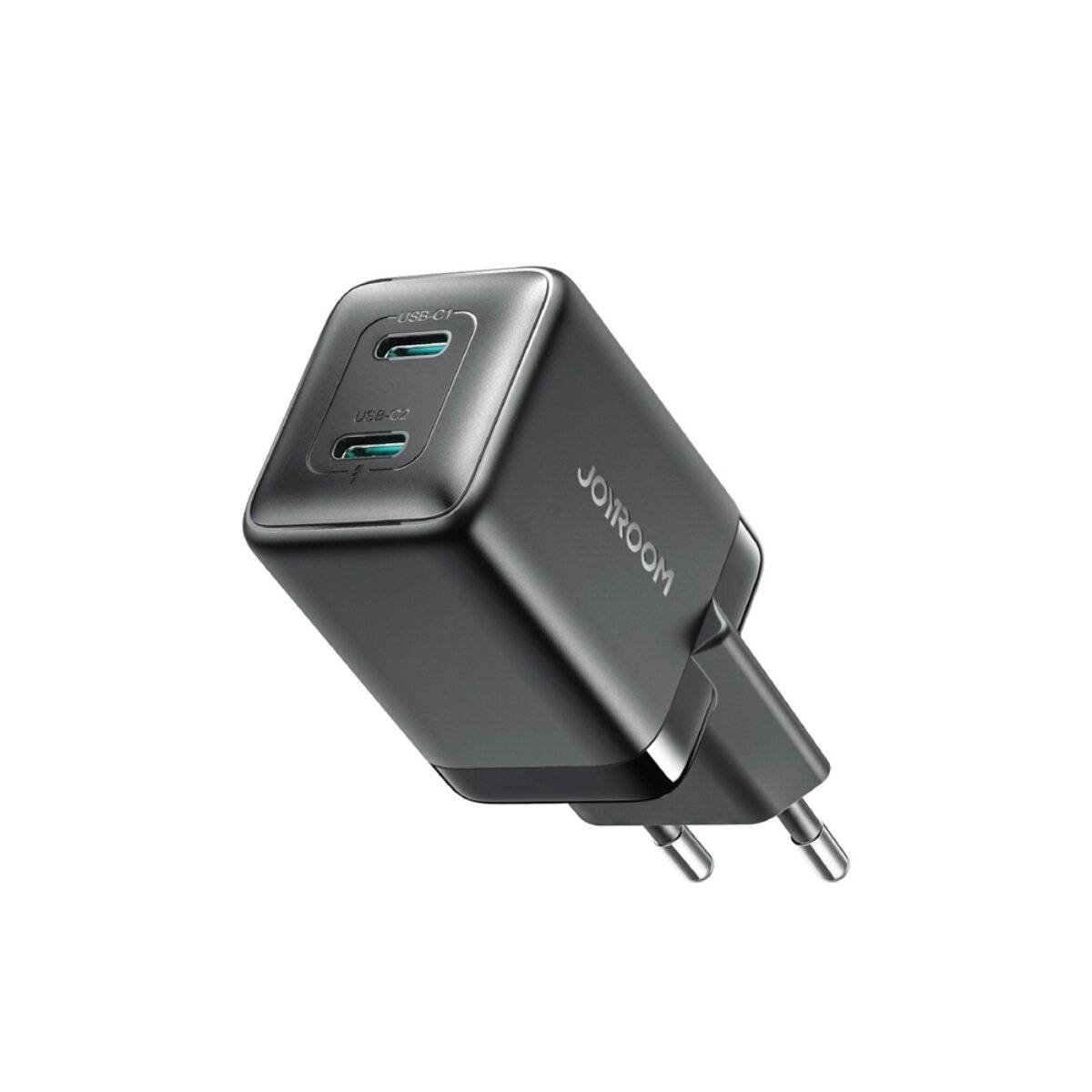 Ein schwarzes Dual-Port-USB-Wandladegerät mit europäischem Stecker, mit kompaktem Design und dem Markennamen 'Joyroom' auf der Seite.