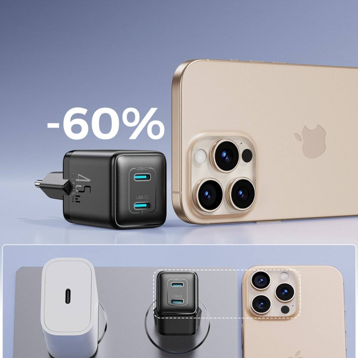 Ein doppeltes USB-C-Schnellladegerät, das neben einem Smartphone gezeigt wird, hervorgehoben durch eine 60% schnellere Ladefähigkeit. Nahaufnahmen zeigen die Ladegerätanschlüsse.