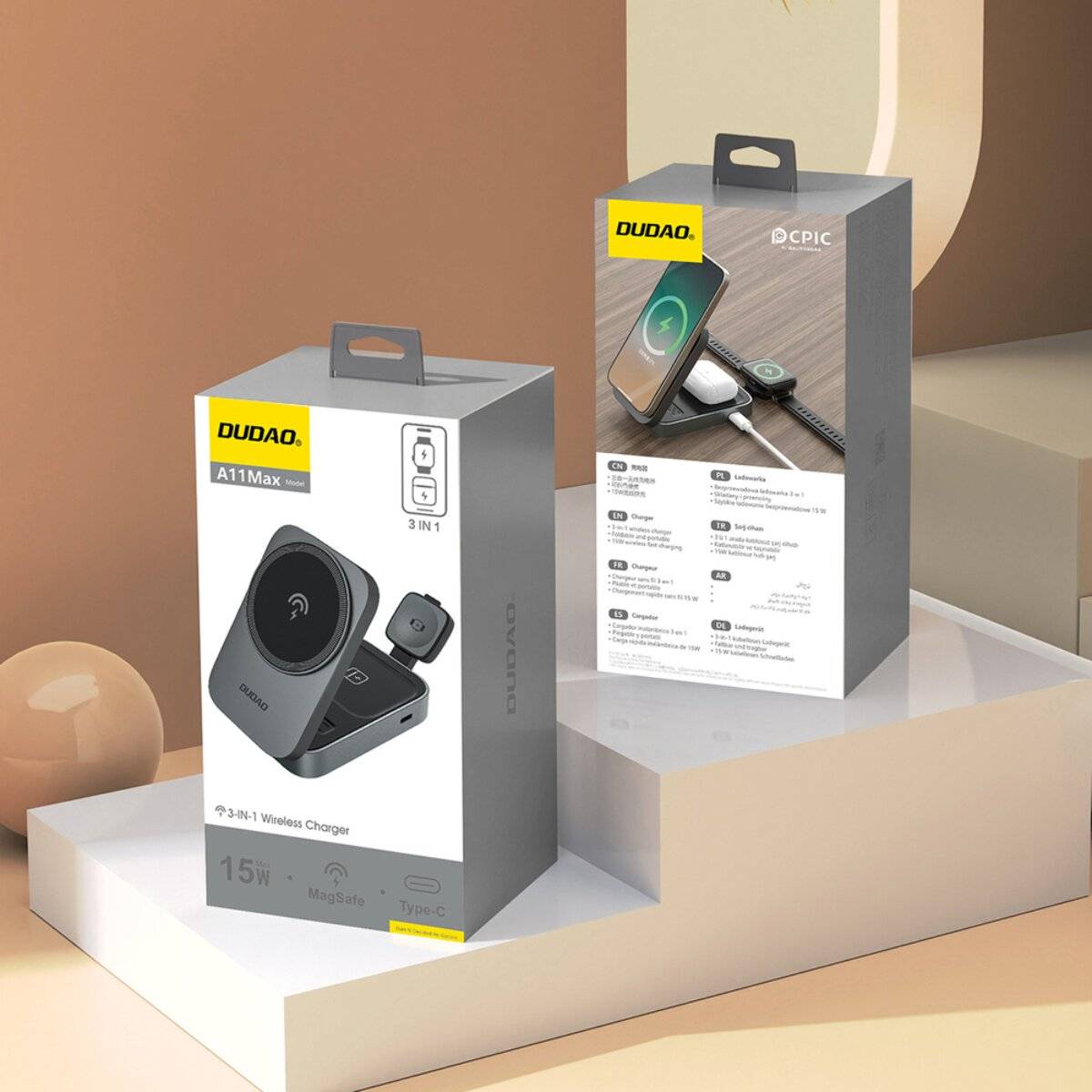 Das Bild zeigt zwei Boxen für kabellose Ladegeräte, eine mit der Bezeichnung 'A11 Max' mit der Marke 'DUDAO', die Funktionen und Gerätebilder anzeigt.