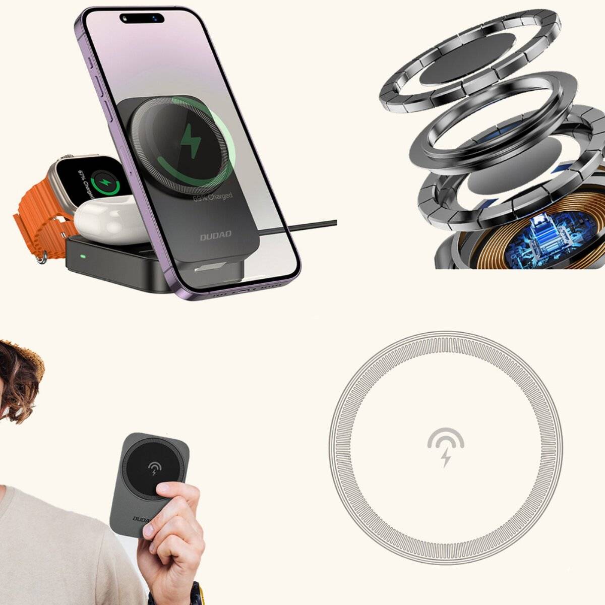 Dudao A11 Max 3-in-1 Induktive Ladestation 15W Kompatibel mit MagSafe Grau