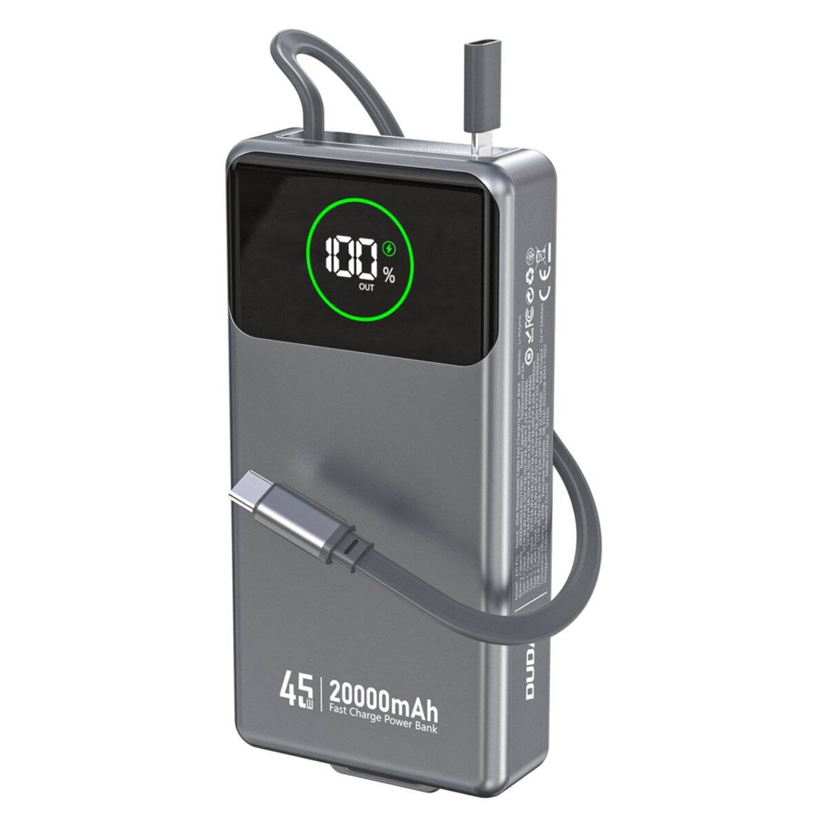 Eine silberne Powerbank mit „100% out