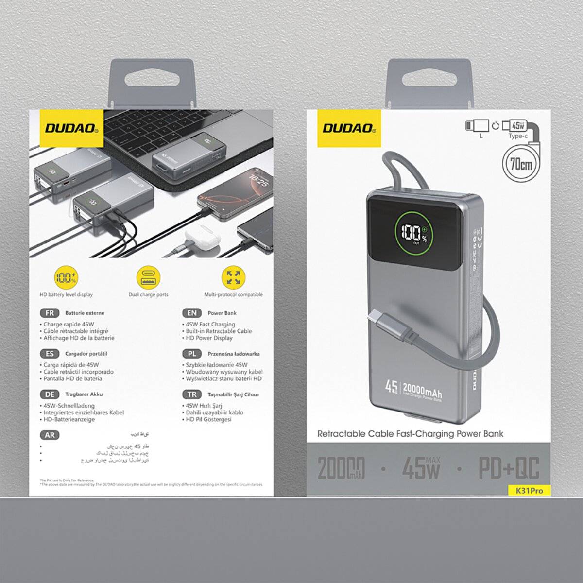 Dudao K31 Pro 45W 20000mAh Powerbank mit integriertem einziehbarem USB-C-Kabel - Grau