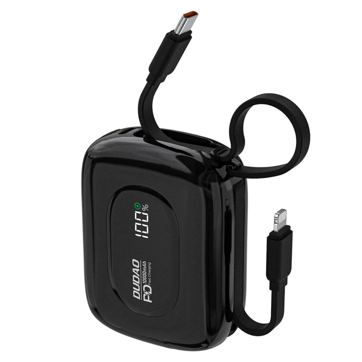 Ein tragbares schwarzes Ladegerät mit digitalem Display, das den Batteriestand „87%