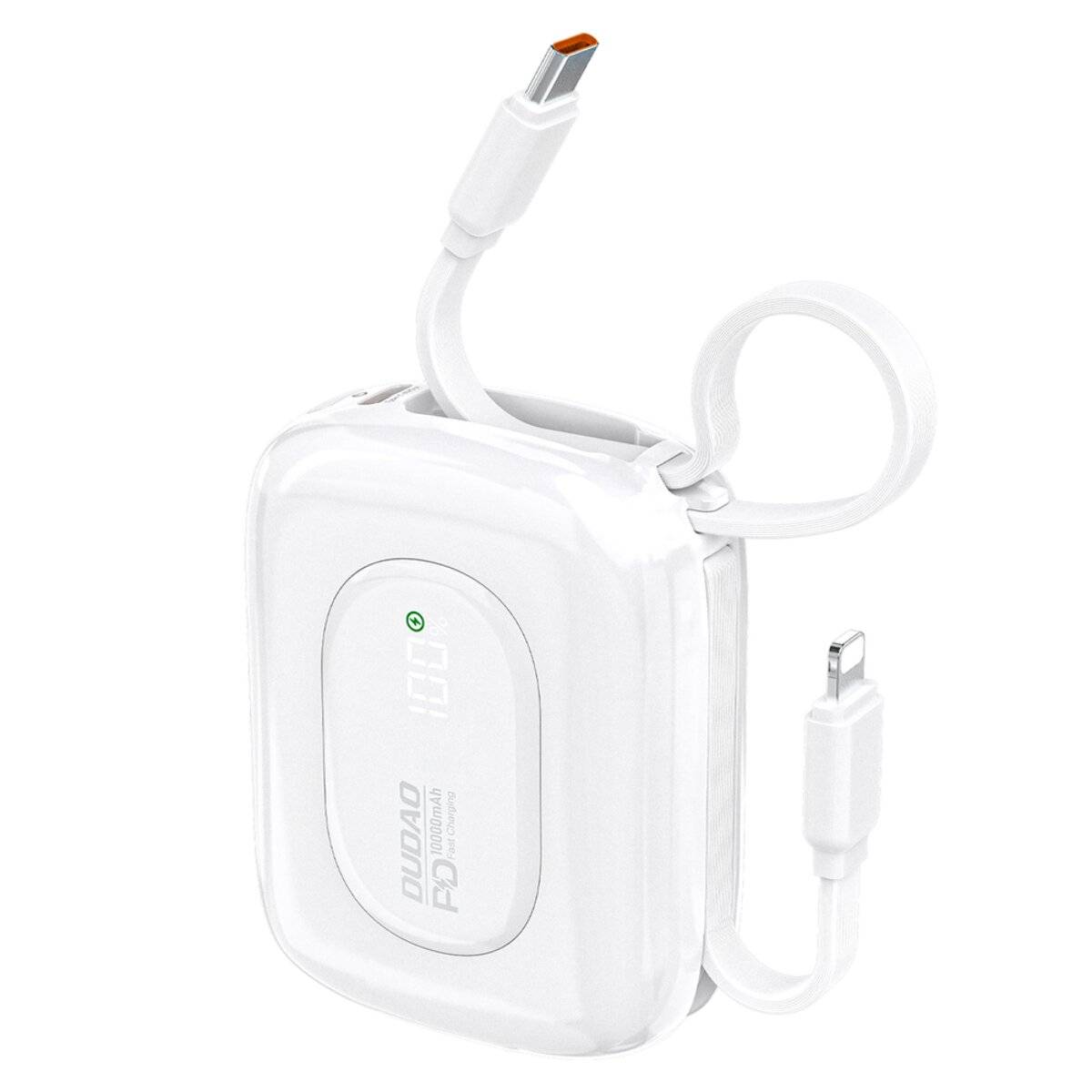 Ein weißes tragbares Ladegerät mit USB-C-Eingangsanschluss, das ein digitales Display mit der Anzeige „100