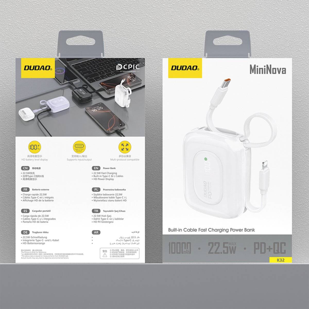 Dudao K32 Powerbank 10000 mAh 22,5 W mit integriertem USB-C und Kompatibel mit iPhone Kabel Weiß