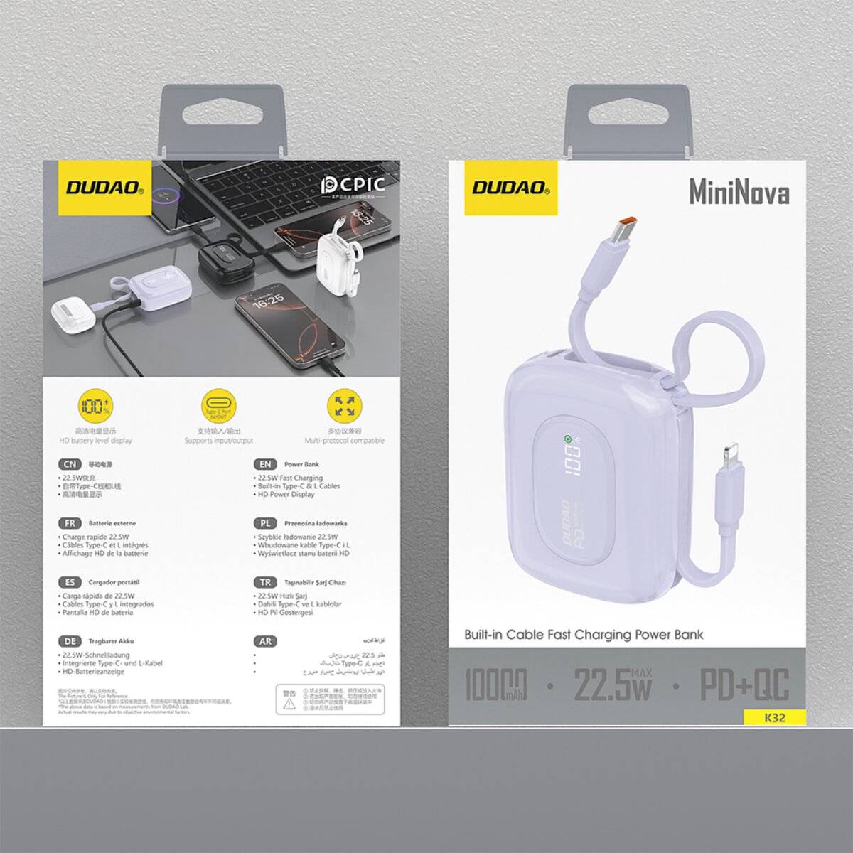 Dudao K32 22,5 W 10000 mAh Powerbank mit integriertem USB-C/ Lightning Kabel - Lila