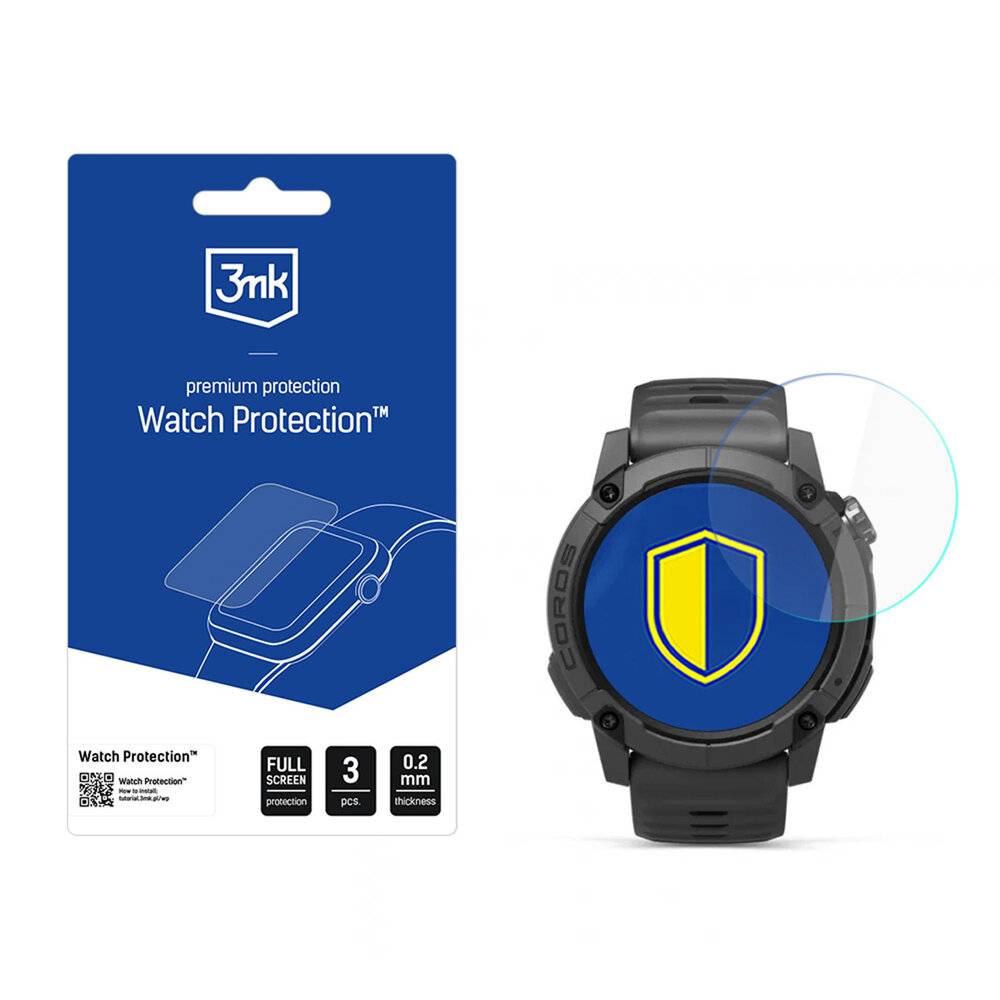3mk Watch Protection' Verpackung neben einer Smartwatch, die ein blau-gelbes Schild auf dem Display zeigt, das Displayschutz symbolisiert.