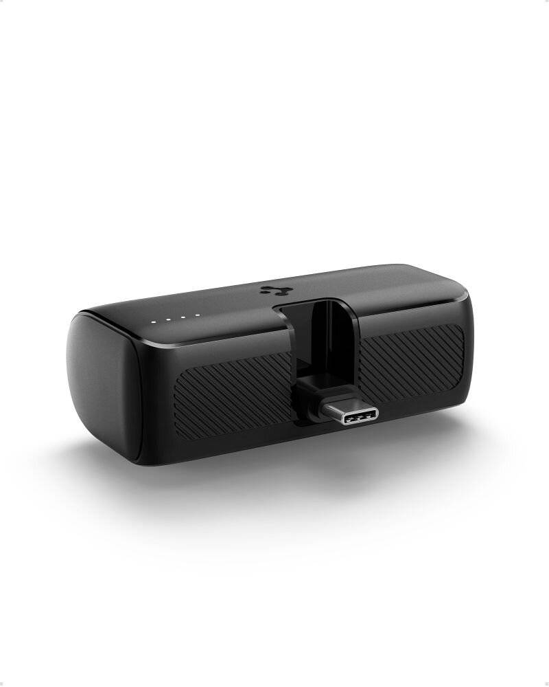 Eine schwarze Powerbank mit integriertem Kabel mit Micro-USB-Anschluss ist so positioniert, dass der Anschluss nach außen hervorsteht.