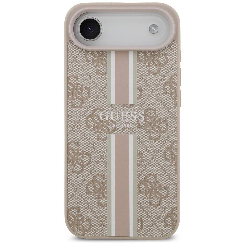 iPhone-Hülle mit beige-weißem Streifenmuster, mit dem Text GUESS est 1981 und gemusterten Logosymbolen im Hintergrund.
