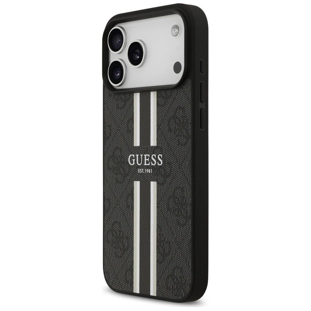 Eine Smartphone-Hülle mit schlankem Design zeigt das 'GUESS'-Logo und zwei vertikale weiße Streifen auf einem schwarzen Muster.