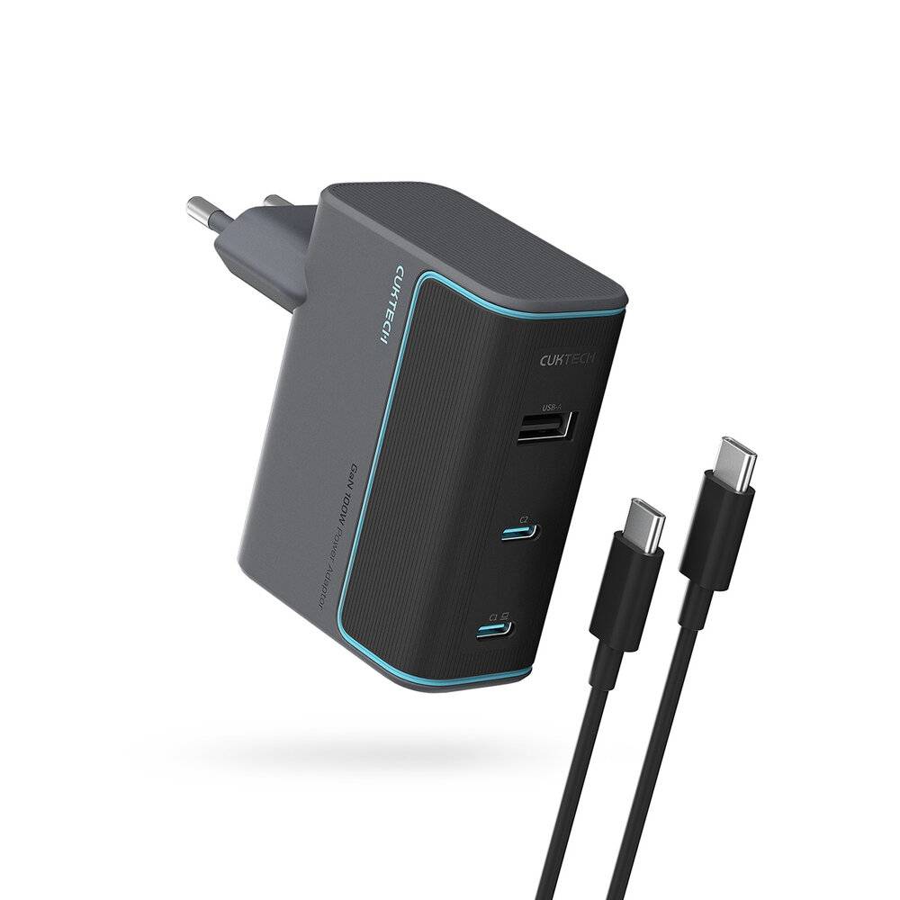 Cuktech CUKAD1003EUG GaN 100W Wandladegerät 2 x USB-C 1 x USB-A mit USB-C-Kabel - Grau