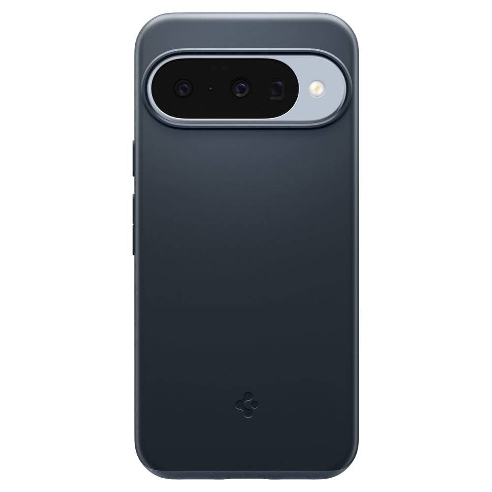 Ein elegantes schwarzes Smartphone-Case von Spigen, das ein minimalistisches Design mit erhöhtem Kameraausschnitt zum Schutz zeigt.