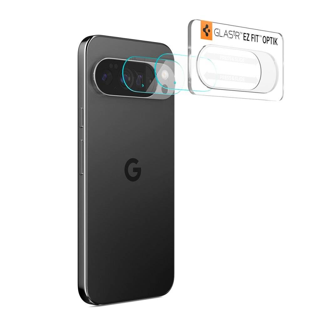 Ein Smartphone mit Dual-Kamera-Setup, das mit einem Glaskameralinsenschutz mit der Aufschrift „GLAS.tR EZ FIT OPTIK