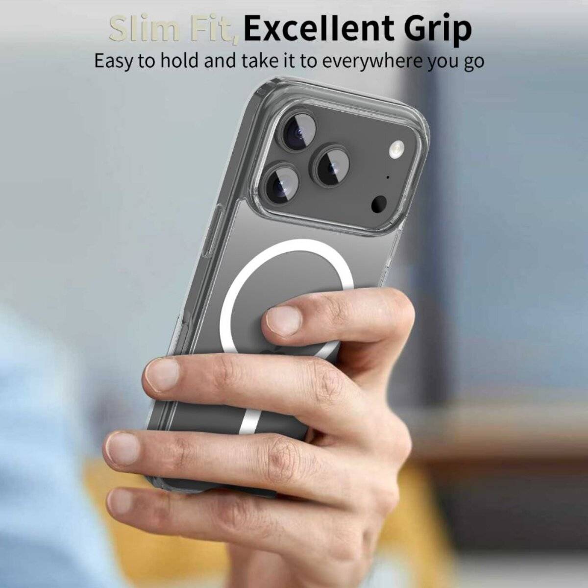 Eine Person hält ein graues Smartphone mit einem kreisförmigen Design auf der Rückseite. Der Text lautet „Slim Fit, Easy to hold, Excellent Grip.