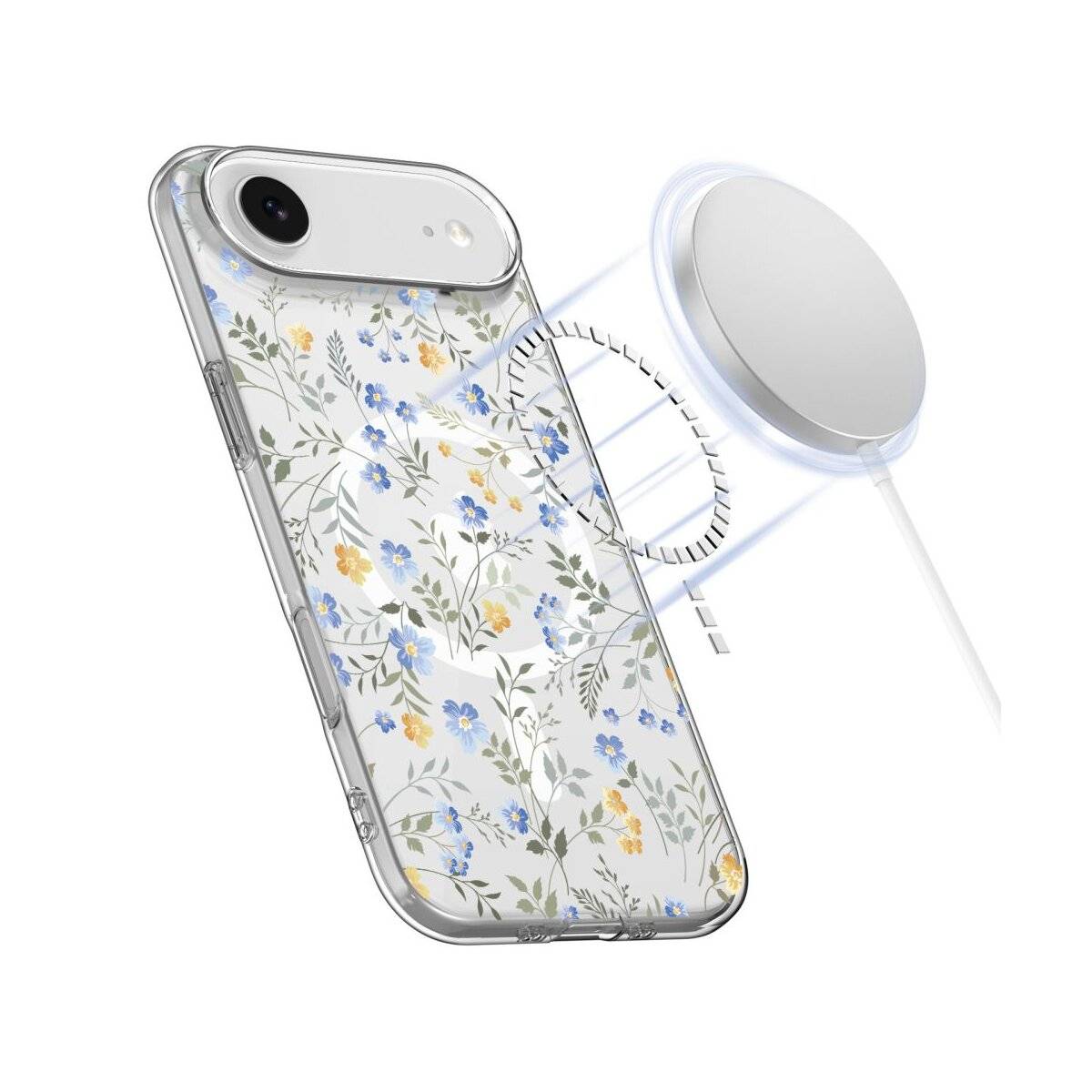 Ein Smartphone mit einer Blumenhülle, das drahtlose Ladefähigkeit zeigt, mit einem kreisförmigen Ladepad in der Nähe.