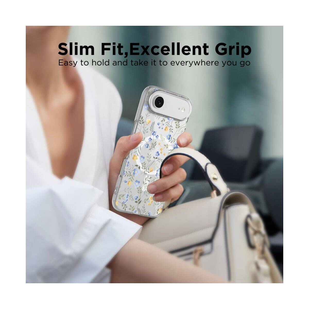 Ein Smartphone mit einer transparenten Rückseite, die magnetische Ausrichtung zeigt, auf unscharfem Straßenhintergrund. Ein vergrößertes kreisförmiges Detail hebt eine Funktion hervor.