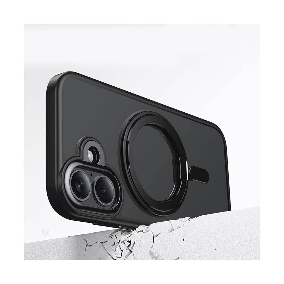 Eine schwarze Handyhülle mit integriertem Ringständer, der an einem Telefon befestigt ist, liegt auf einer rissigen weißen Oberfläche und zeigt sein robustes Design.