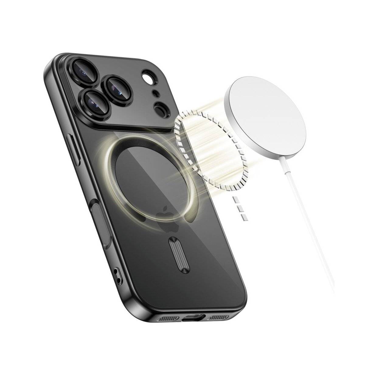 Eine Smartphone-Schutzhülle mit magnetischer Ringbefestigung und Linsen liegt neben einem magnetischen Ladegerät und zeigt einen Lademechanismus.