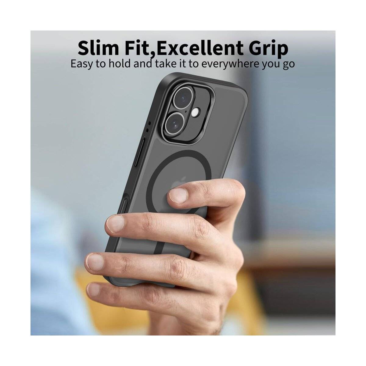 Eine Hand hält ein Smartphone mit schwarzem Gehäuse und zeigt ein magnetisches Ringdesign. Der Text lautet 